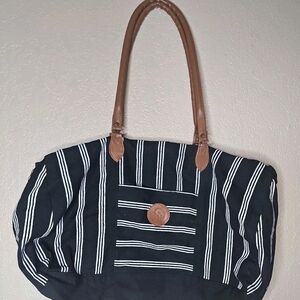 Vintage Jo- Striped Black and White Tote Bag with Tan Handles